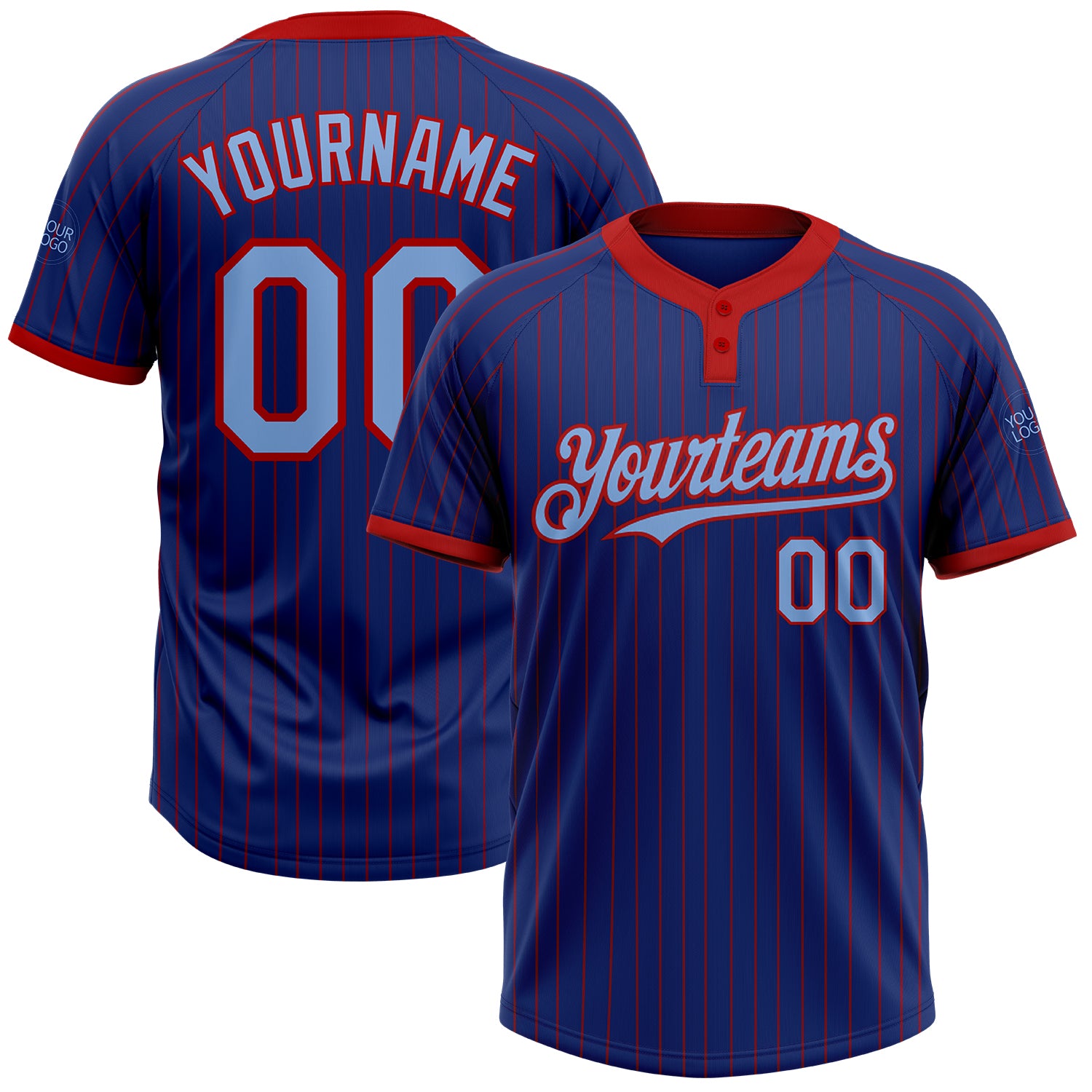Custom Name and Number Unisex Softball Jersey Light Blue Royal Red Pinstripe Two-Button Personalized Royal Red Pinstripe