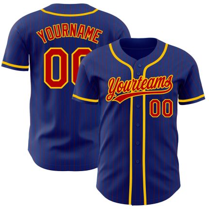 Custom Name and Number Authentic Baseball Jersey - Personalized Royal Red Pinstripe Yellow Design Personalized Royal Red
