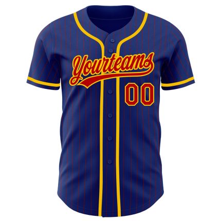 Custom Name and Number Authentic Baseball Jersey - Personalized Royal Red Pinstripe Yellow Design Personalized Royal Red