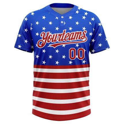Custom 3D American Flag Jersey - Unisex Red-White Two-Button Softball Shirt with Personalized Name and Number Personalized