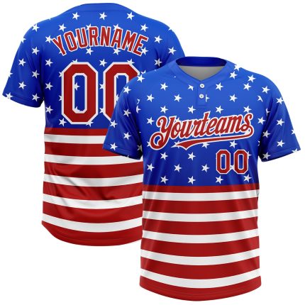 Custom 3D American Flag Jersey - Unisex Red-White Two-Button Softball Shirt with Personalized Name and Number Personalized
