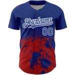 Custom royal, red and white 3D pattern baseball jersey, back view