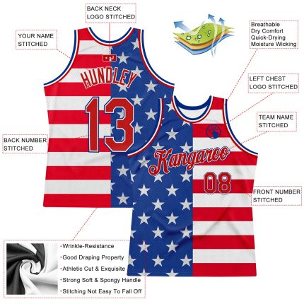 Personalized 3D American Flag Basketball Jersey - Royal Red-White Design, Authentic Quality Personalized Royal Red-White