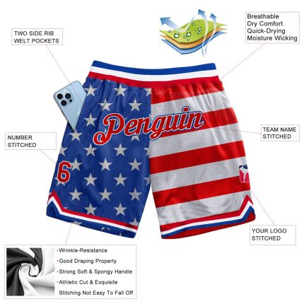 Personalized 3D Pattern American Flag Basketball Shorts - Royal Red-White Design Personalized Royal Red-White 3D Pattern