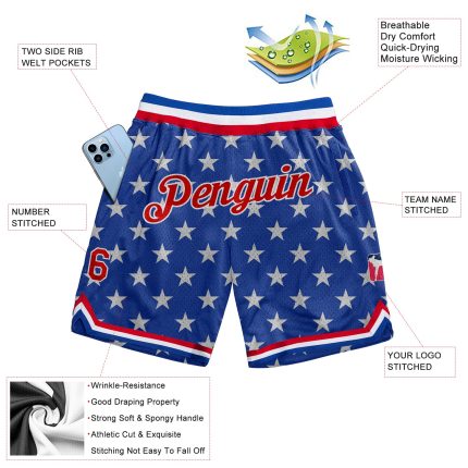 Custom American Flag Basketball Shorts with 3D Red-White Pattern - Personalized with Name and Number Personalized Royal Red-White