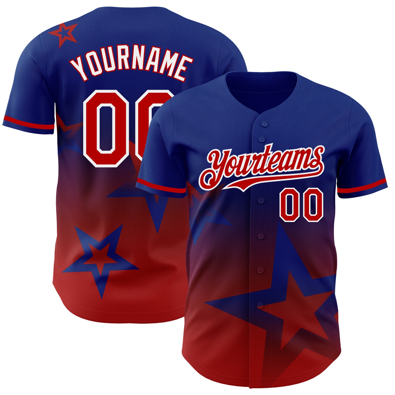 Custom Name & Number Baseball Jersey with 3D Twinkle Star Gradient Design in Royal Red-White Pattern Personalized Royal Red-White