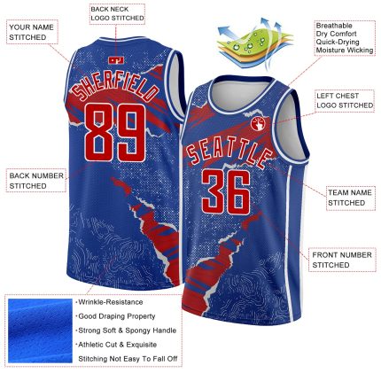 Custom Name and Number Authentic Basketball Jersey - Personalized Royal Red-White 3D Torn Paper Design Personalized Royal