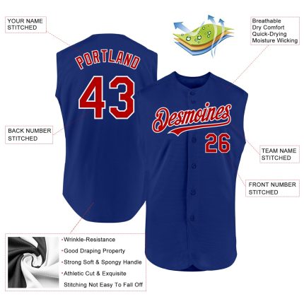 Personalized Royal Red-White Baseball Jersey - Authentic Sleeveless Design Personalized Royal Red-White Authentic Sleeveless