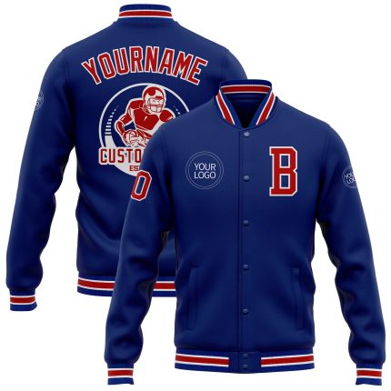 Personalized Red-White Varsity Letterman Jacket - Full-Snap Bomber Style Personalized Royal Red-White Bomber Full-Snap Varsity