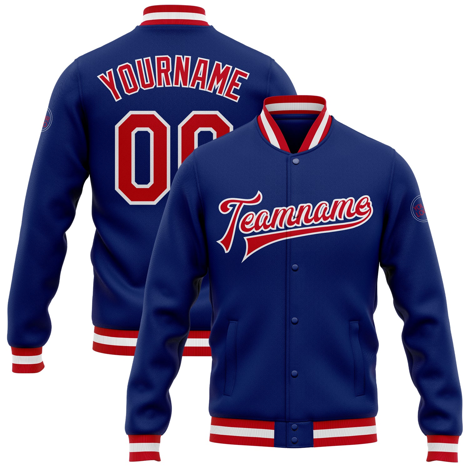 Custom Team Name Number Bomber Varsity Jacket Red White Full-Snap Personalized Letterman Apparel Personalized Royal Red-White