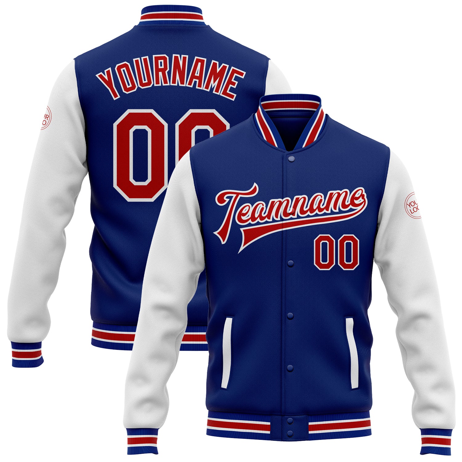 Personalized Red White Varsity Jacket Full-Snap Bomber Two Tone Letterman Personalized Royal Red-White Bomber Full-Snap Varsity