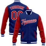 Custom Team Name Number Royal Red White Bomber Varsity Letterman Jacket Full-Snap Two Tone Personalized Apparel Personalized