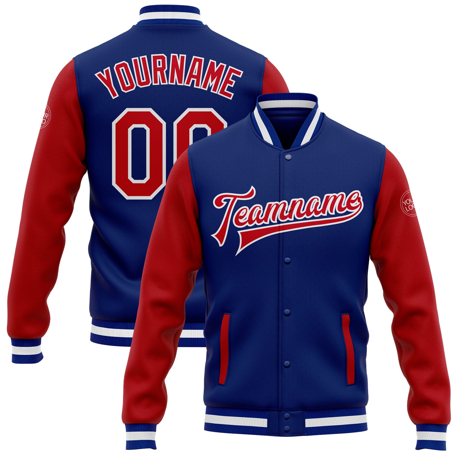 Custom Team Name Number Royal Red White Bomber Varsity Letterman Jacket Full-Snap Two Tone Personalized Apparel Personalized