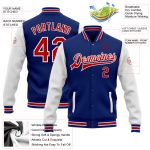 Personalized Red White Varsity Jacket Full-Snap Bomber Two Tone Letterman Personalized Royal Red-White Bomber Full-Snap Varsity