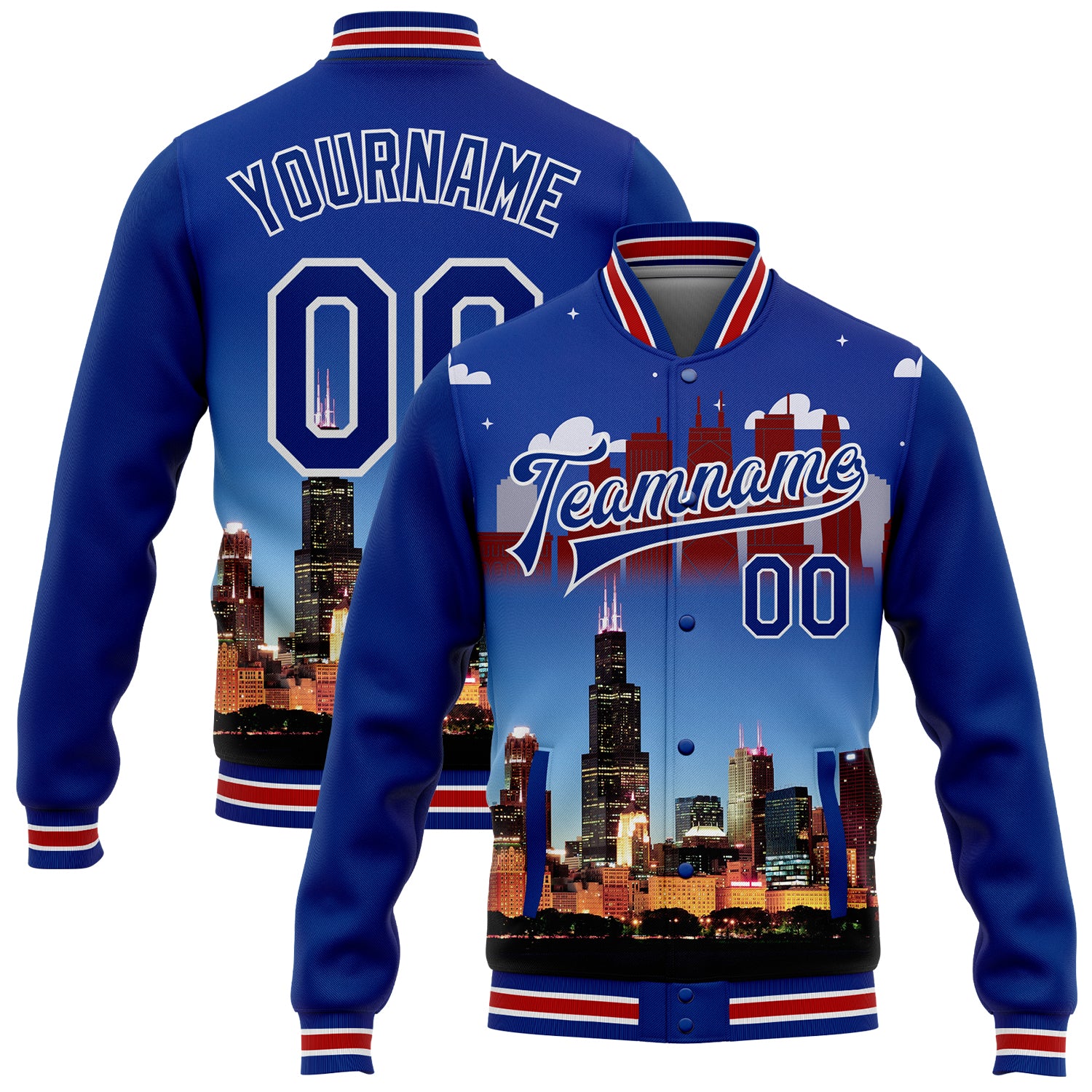 Custom Chicago Illinois City Edition 3D Bomber Varsity Letterman Jacket Personalized Red-White Team Name & Number Personalized