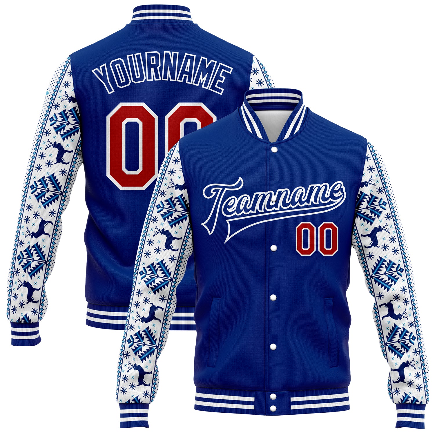 Custom Name and Number 3D Christmas Varsity Letterman Jacket in Royal Red-White - Personalized Full-Snap Bomber Jacket Personalized