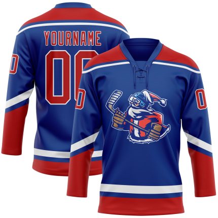 Personalized Christmas Santa Claus 3D Hockey Lace Neck Jersey - Royal Red and White Design Personalized Royal Red-White Christmas