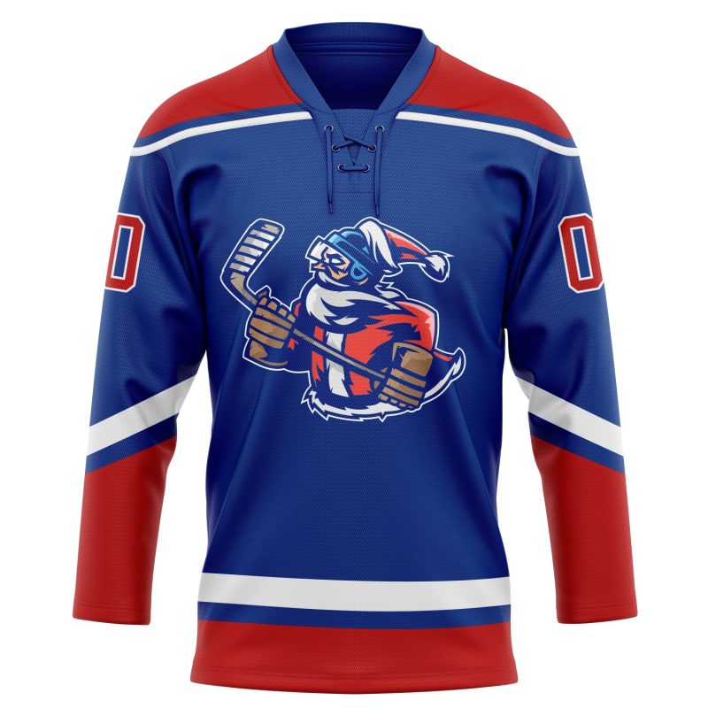 Personalized Christmas Santa Claus 3D Hockey Lace Neck Jersey - Royal Red and White Design Personalized Royal Red-White Christmas