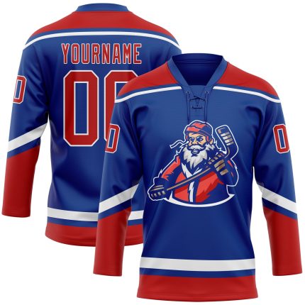 Personalized Santa Claus 3D Hockey Lace Neck Jersey - Custom Royal Red-White with Name and Number Personalized Royal Red-White