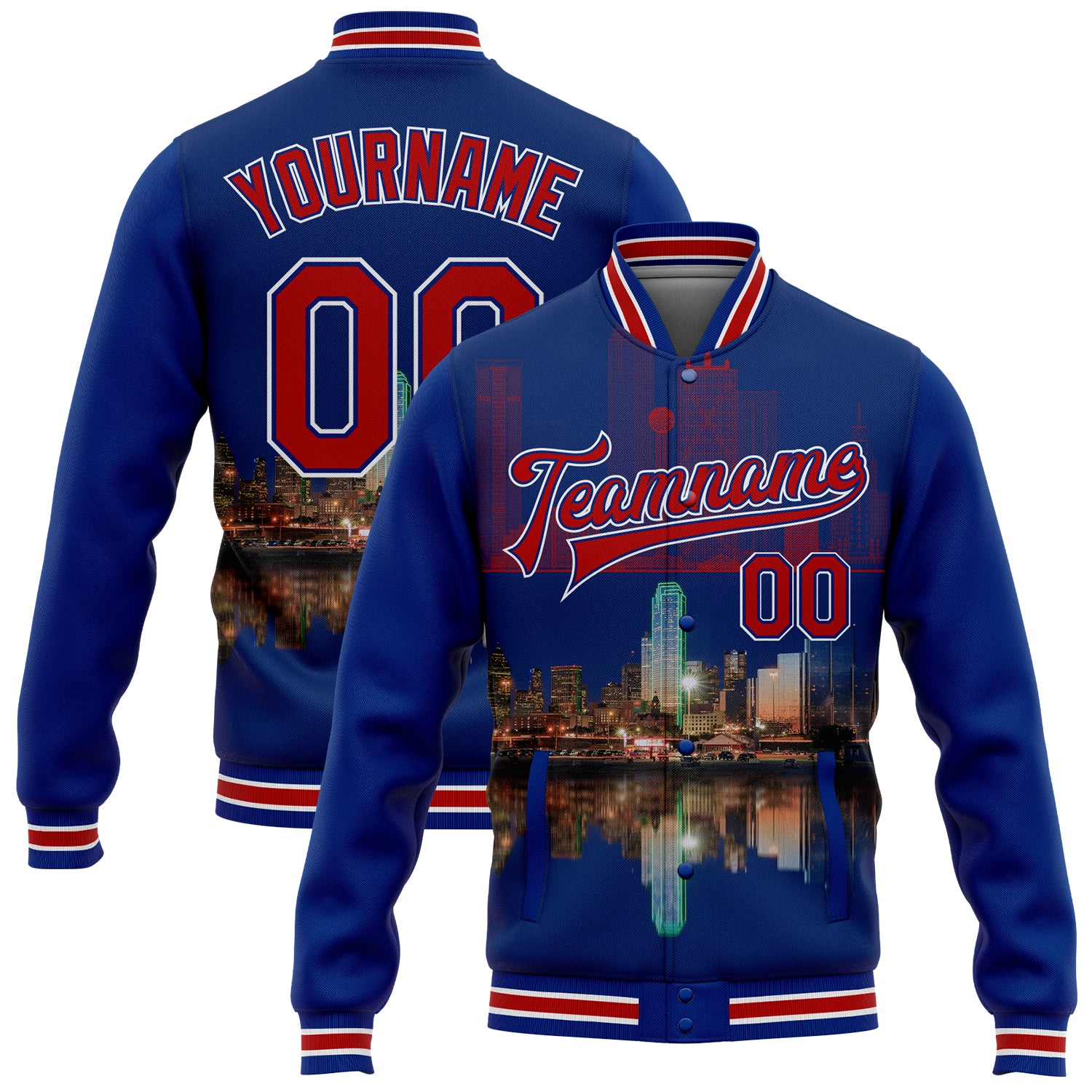 Custom Name Number Dallas Texas City Edition 3D Bomber Varsity Letterman Jacket Royal Red White Personalized Royal Red-White
