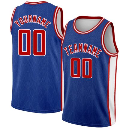 Custom Name and Number Basketball Jersey for Authentic City Edition, Royal Red-White Geometric Shapes with Side Stripes Personalized