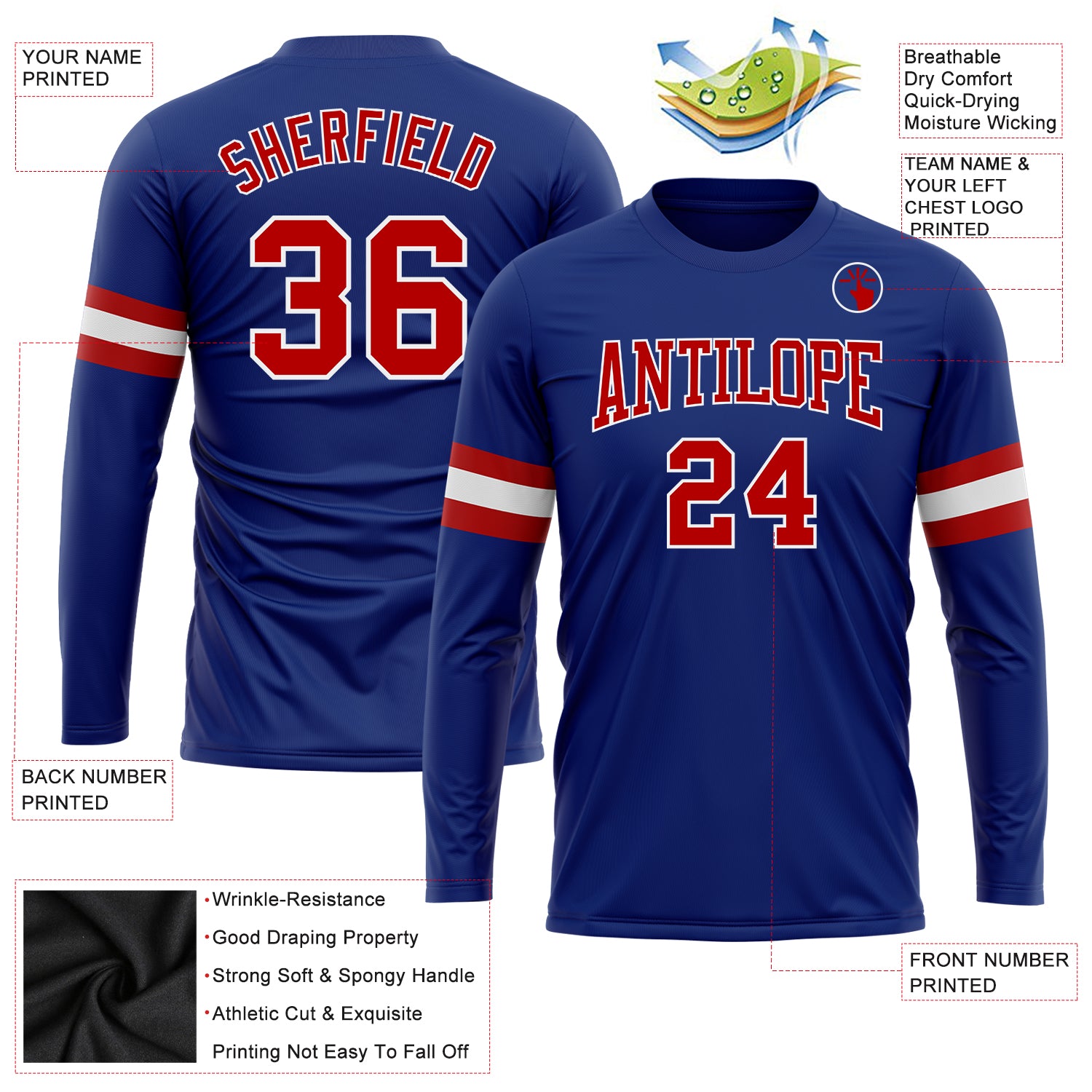 Personalized Royal Red-White Long Sleeve Performance T-Shirt Team Custom Name and Number Custom Team Name & Number Long Sleeve Performance T-Shirt - Personalized Royal Red-White Personalized Royal Red-White Long - Image 3