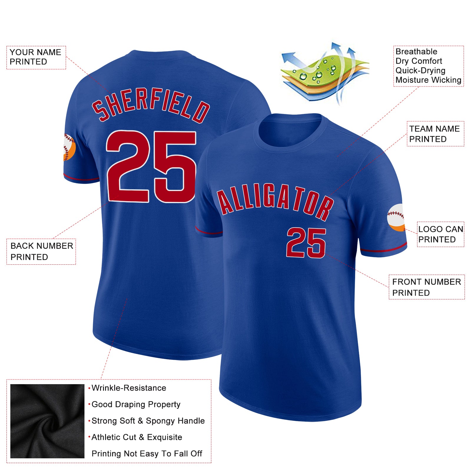 Personalized Royal Red-White Performance T-Shirt Team Custom Name and Number Custom Name Number Performance T-Shirt for Teams - Personalized Red and White Apparel Personalized Royal Red-White Performance - Image 2