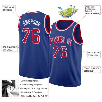 Custom Name and Number Basketball Jersey - Personalized Red-White Round Neck Rib-Knit Team Apparel Personalized Royal Red-White