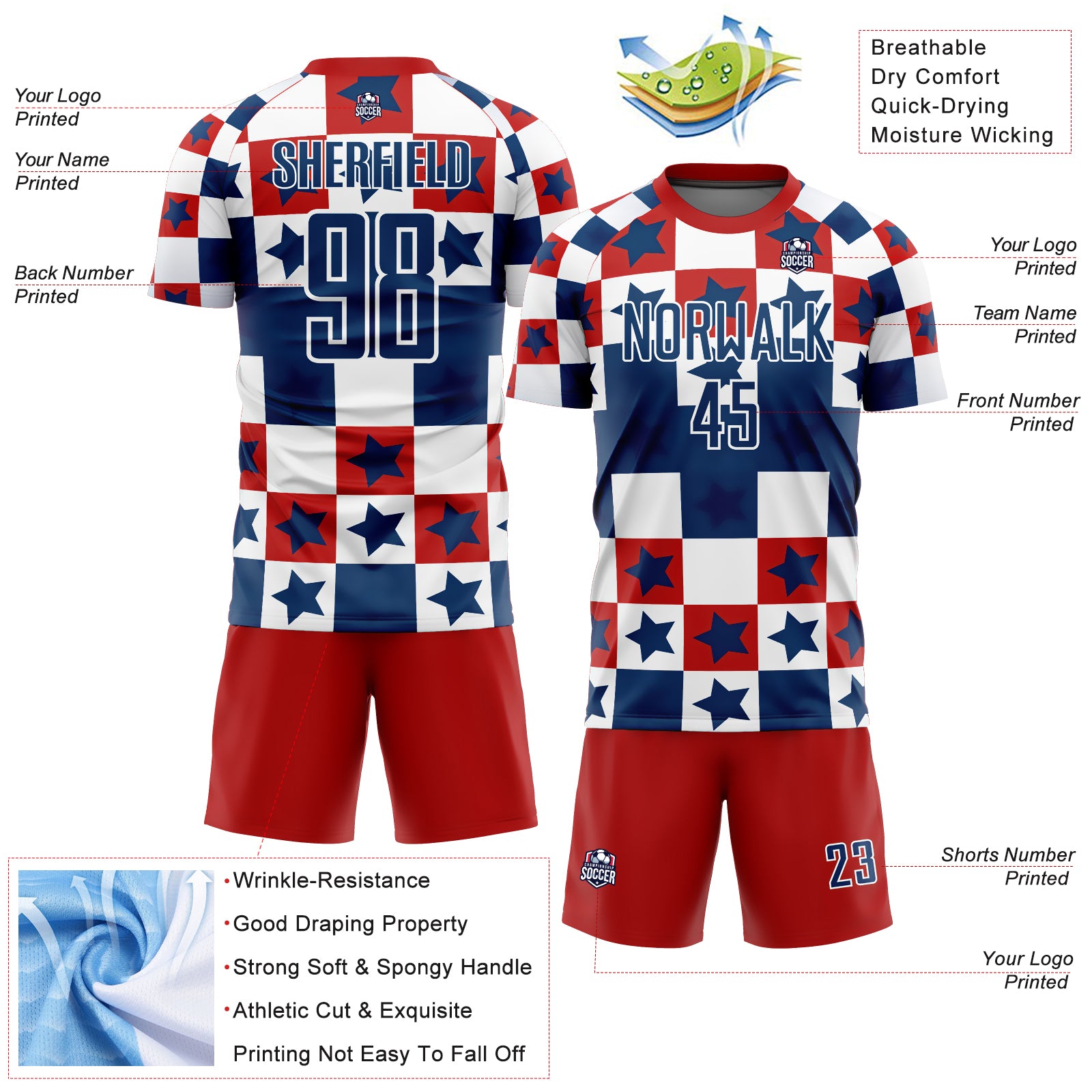 Personalized Royal Red-White Stars And Squares Sublimation Soccer Uniform Jersey Team Custom Name and Number Custom Soccer Jersey with Personalized Name and Number, Royal Red-White Stars and Squares Design Personalized Royal Red-White - Image 4