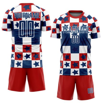 Custom Soccer Jersey with Personalized Name and Number, Royal Red-White Stars and Squares Design Personalized Royal Red-White