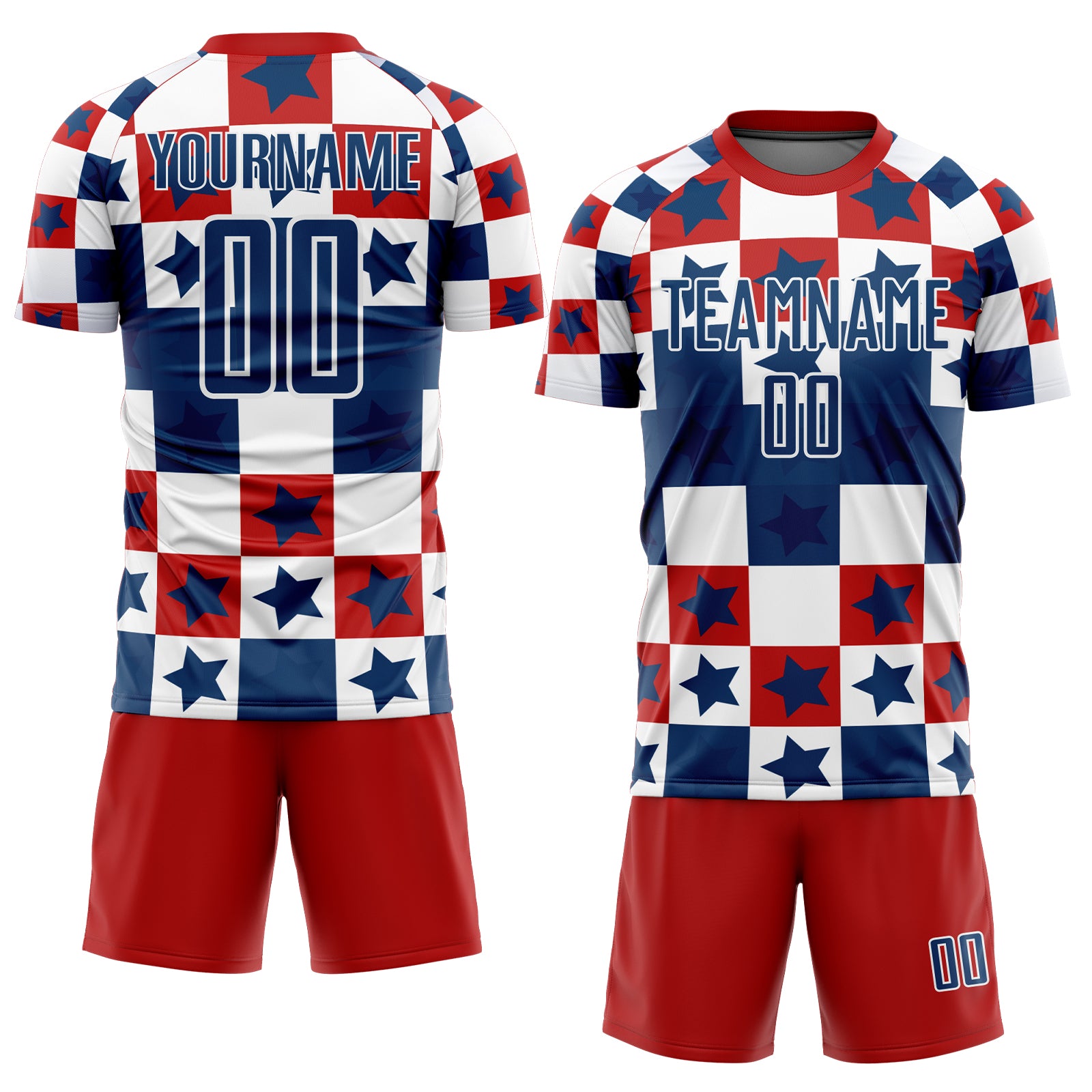 Personalized Royal Red-White Stars And Squares Sublimation Soccer Uniform Jersey Team Custom Name and Number Custom Soccer Jersey with Personalized Name and Number, Royal Red-White Stars and Squares Design Personalized Royal Red-White - Image 2