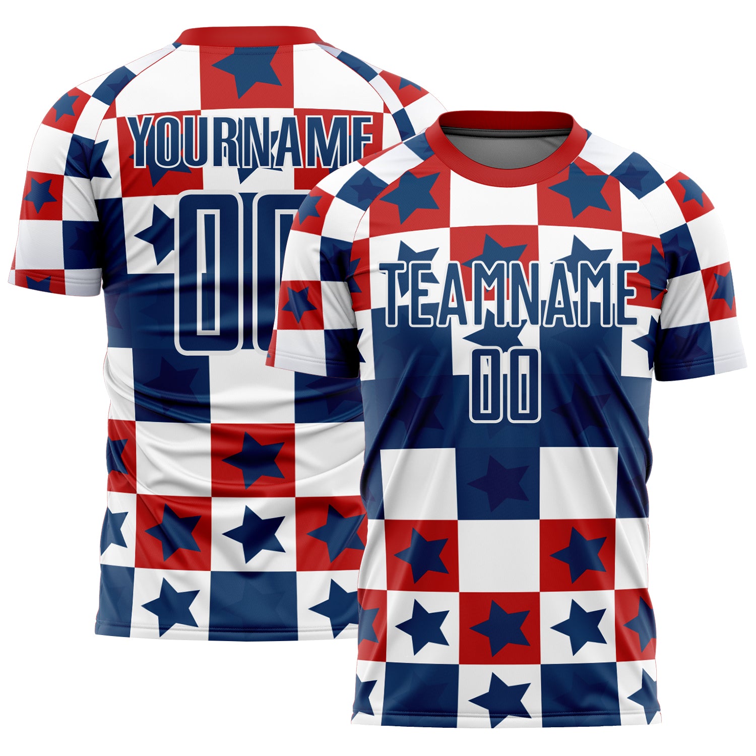 Custom Soccer Jersey with Personalized Name and Number, Royal Red-White Stars and Squares Design Personalized Royal Red-White