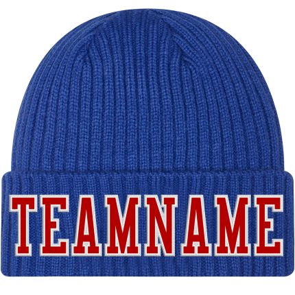 Custom Team Knit Hat with Personalized Name and Number, Royal Red-White Stitched Cuffed Beanie Personalized Royal Red-White
