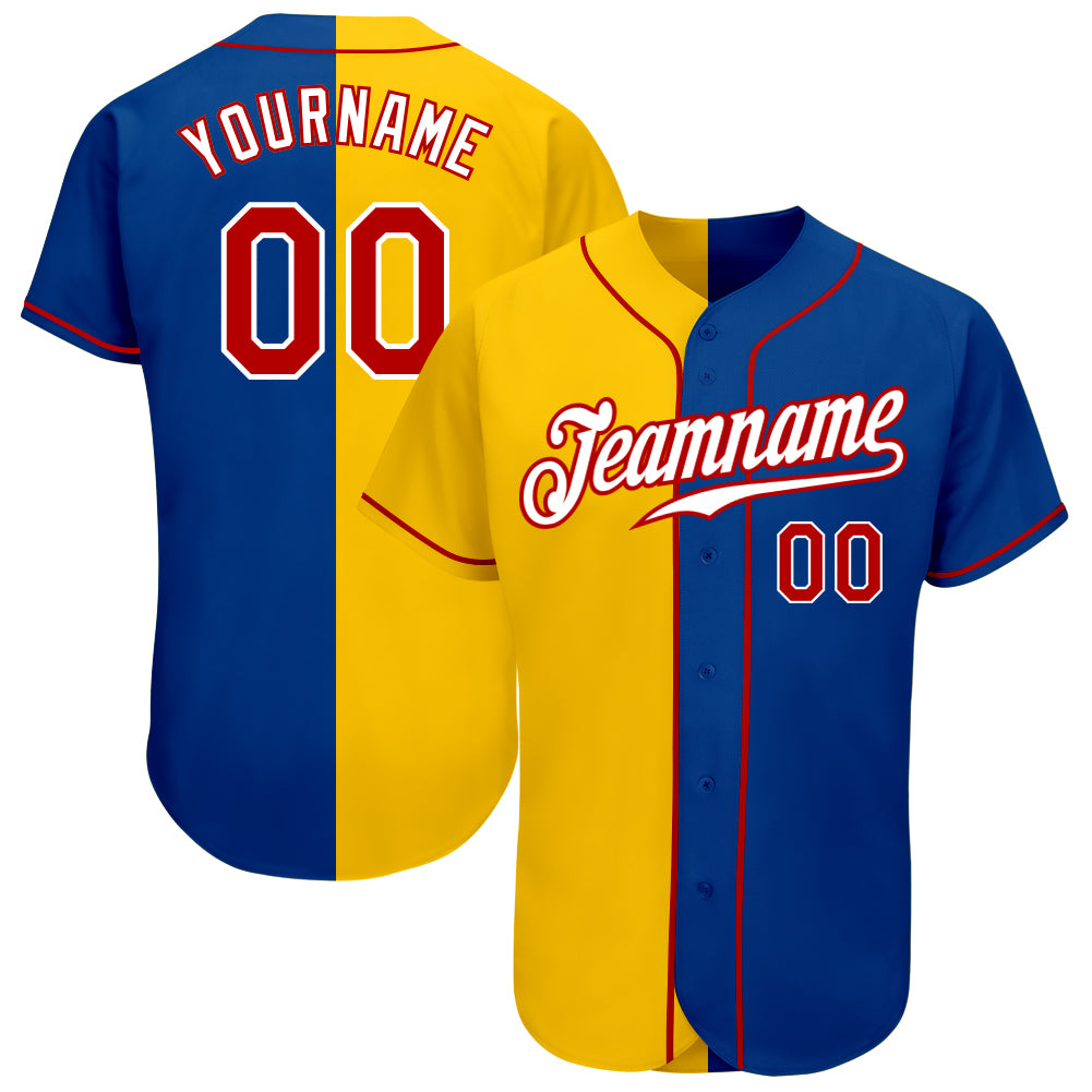 Custom Name & Number Authentic Split Fashion Baseball Jersey - Personalized Royal Red-Yellow Team Jersey Personalized Royal