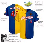 Custom Name & Number Authentic Split Fashion Baseball Jersey - Personalized Royal Red-Yellow Team Jersey Personalized Royal