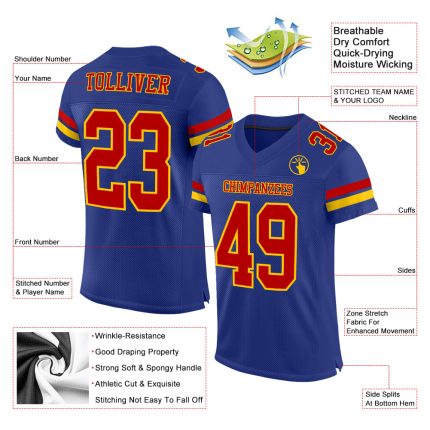 Custom Name and Number Mesh Football Jersey - Authentic Royal Red-Yellow Team Jersey Personalized Royal Red-Yellow Mesh Authentic