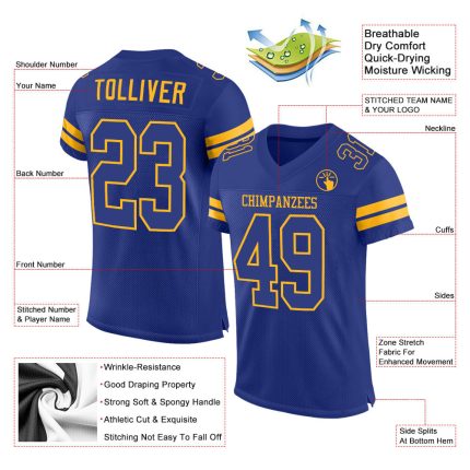 Personalized Custom Name and Number Royal-Gold Authentic Football Jersey - Team Jersey Personalized Royal Royal-Gold Mesh