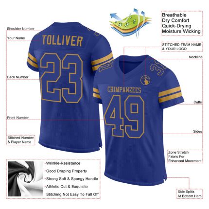 Custom Name and Number Authentic Football Jersey - Personalized Royal-Old Gold Mesh Team Jersey Personalized Royal Royal-Old