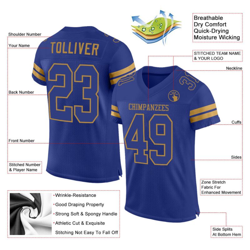 Custom Name and Number Authentic Football Jersey - Personalized Royal-Old Gold Mesh Team Jersey Personalized Royal Royal-Old