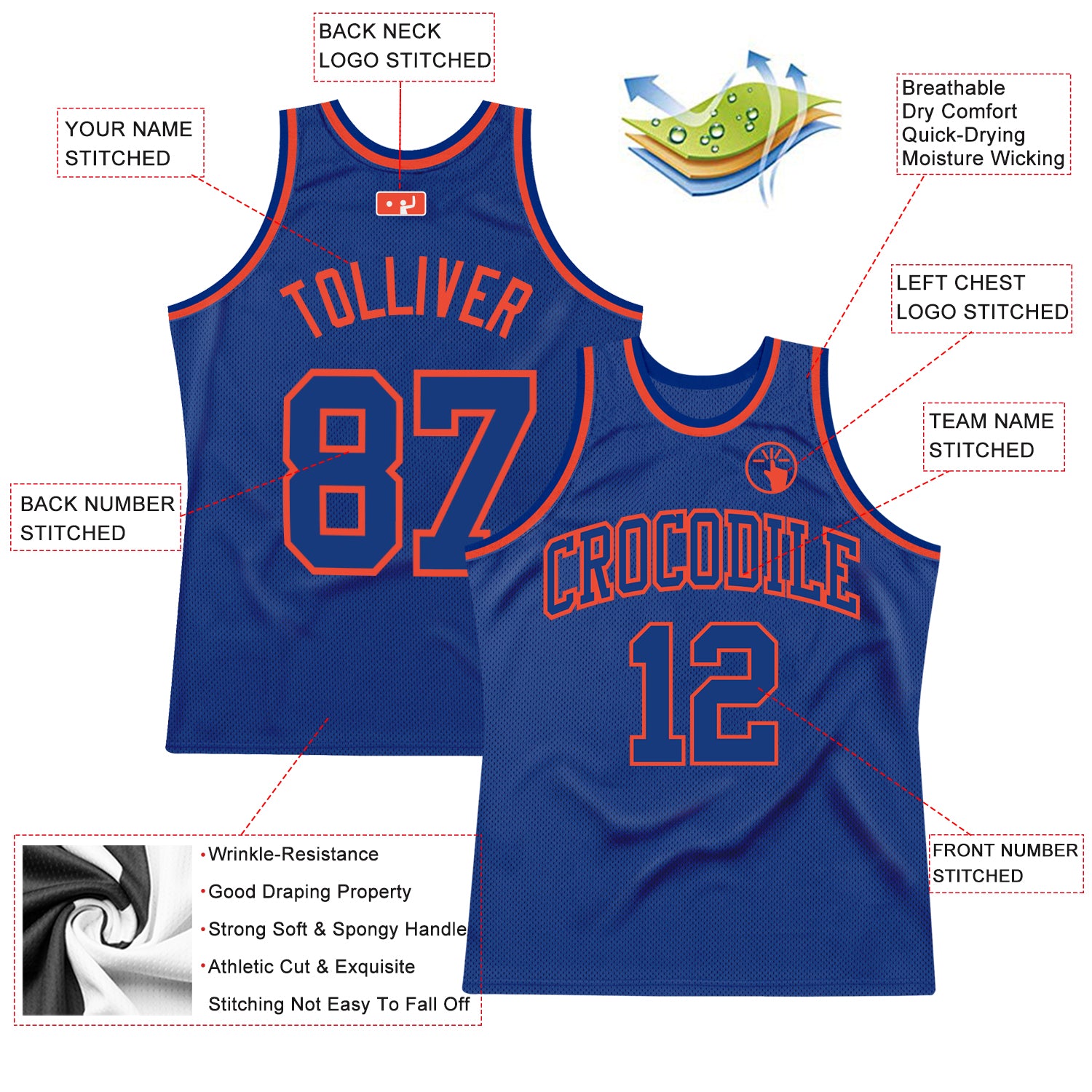 Personalized Royal Royal-Orange Authentic Throwback Basketball Jersey Team Custom Name and Number Personalized Custom Name and Number Authentic Orange Throwback Basketball Jersey - Team Apparel Personalized Royal Royal-Orange - Image 2
