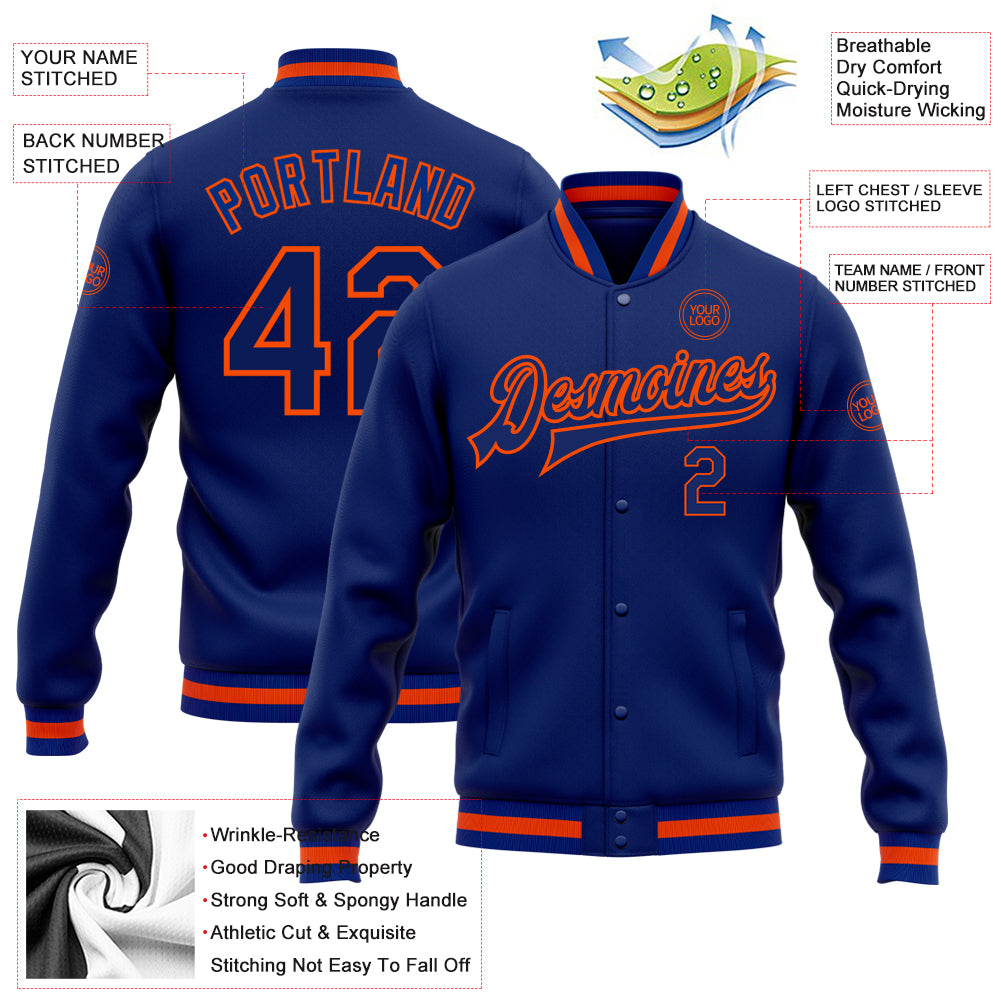 Personalized Royal Royal-Orange Bomber Full-Snap Varsity Letterman Jacket Team Custom Name and Number Custom Name Number Varsity Letterman Jacket - Personalized Royal Orange Bomber Jacket for Team sicheren Personalized Royal - Image 3