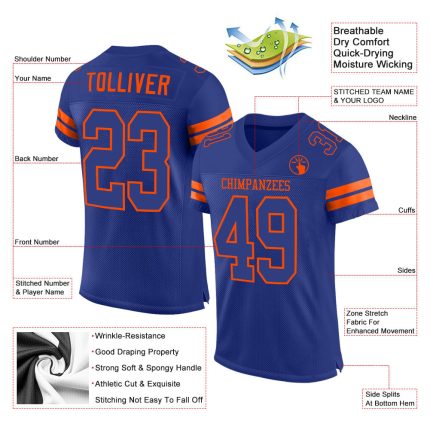 Custom Team Football Jersey - Personalized Royal Orange Mesh with Name and Number Personalized Royal Royal-Orange Mesh Authentic