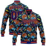 Custom Name & Number Personalized Tiger Head Jungle 3D Bomber Varsity Letterman Jacket in Royal Orange Red Design Personalized
