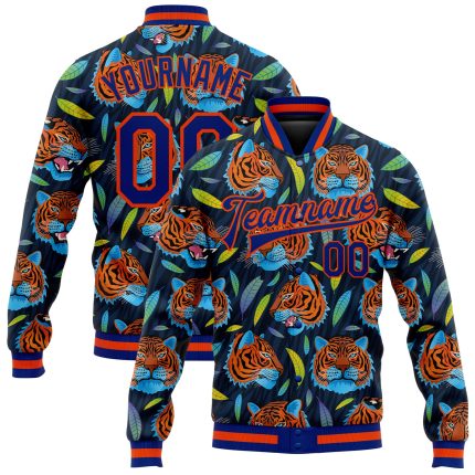 Custom Name & Number Personalized Tiger Head Jungle 3D Bomber Varsity Letterman Jacket in Royal Orange Red Design Personalized