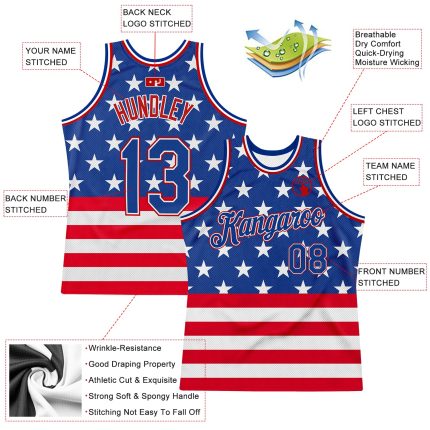 Personalized American Flag Basketball Jersey with Custom Name & Number - Royal Red 3D Pattern Design Personalized Royal Royal-Red