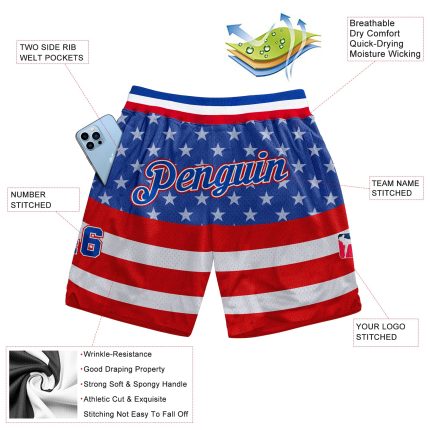 Personalized American Flag 3D Pattern Basketball Shorts with Custom Name & Number - Royal Red Team Apparel Personalized Royal