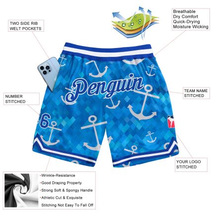 Custom Name and Number Personalized Royal-White 3D Anchor Basketball Shorts Authentic Team Gear Personalized Royal Royal-White