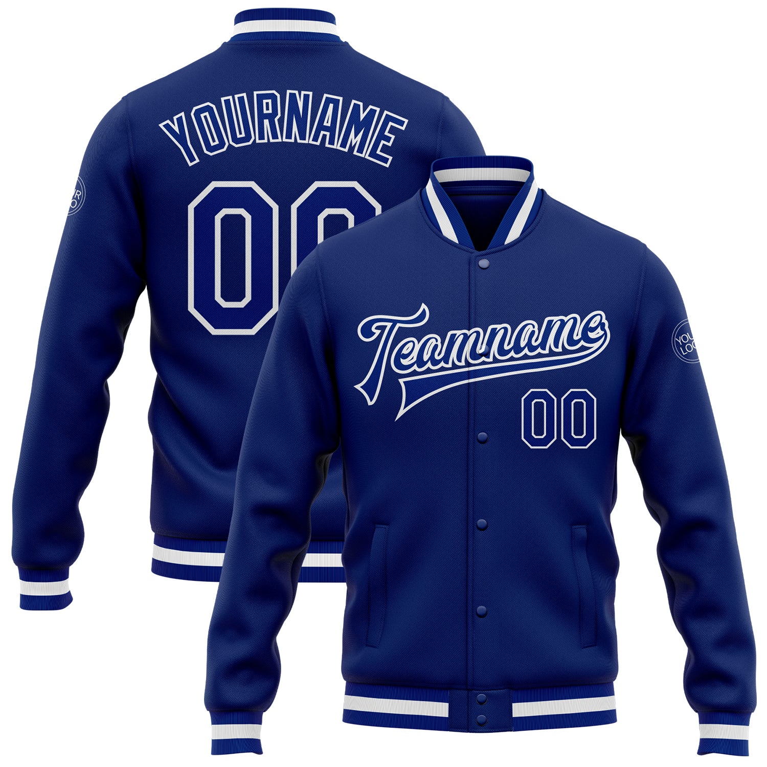 Custom Name Number Varsity Letterman Jacket Personalized Royal White Bomber Full-Snap Team Jacket Personalized Royal Royal-White