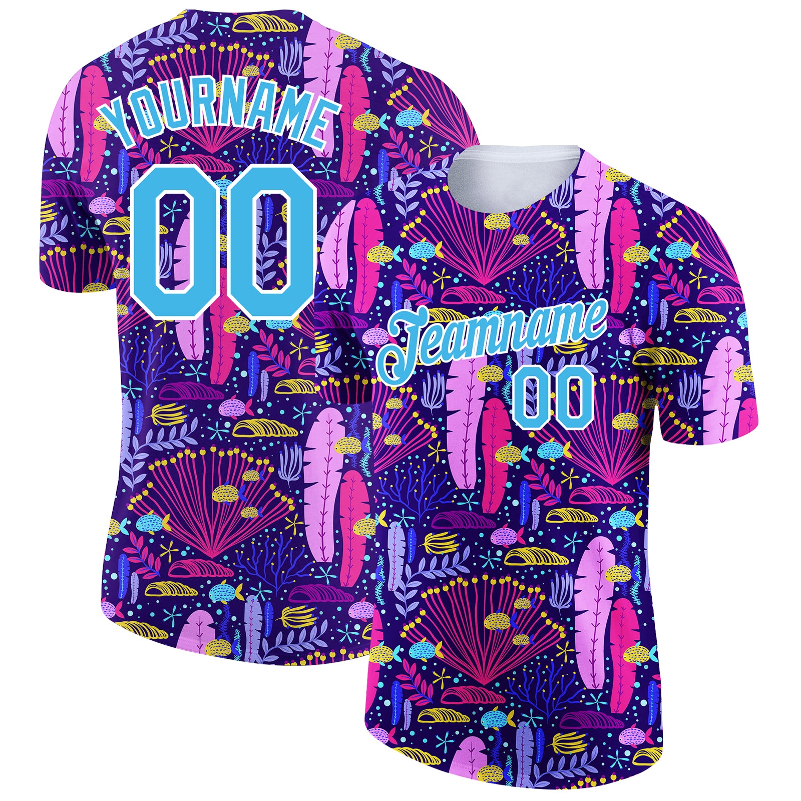 Custom Name and Number Performance T-Shirt in Royal Sky Blue-White 3D Coral Design - Personalized Team Apparel Personalized