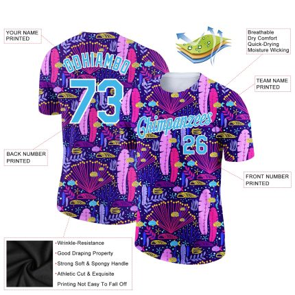 Custom Name and Number Performance T-Shirt in Royal Sky Blue-White 3D Coral Design - Personalized Team Apparel Personalized